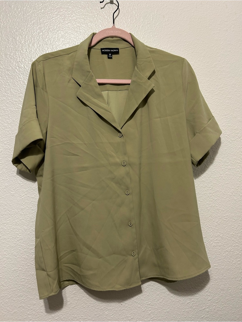 Modern Works Olive Green Short Sleeve Button-Front Top